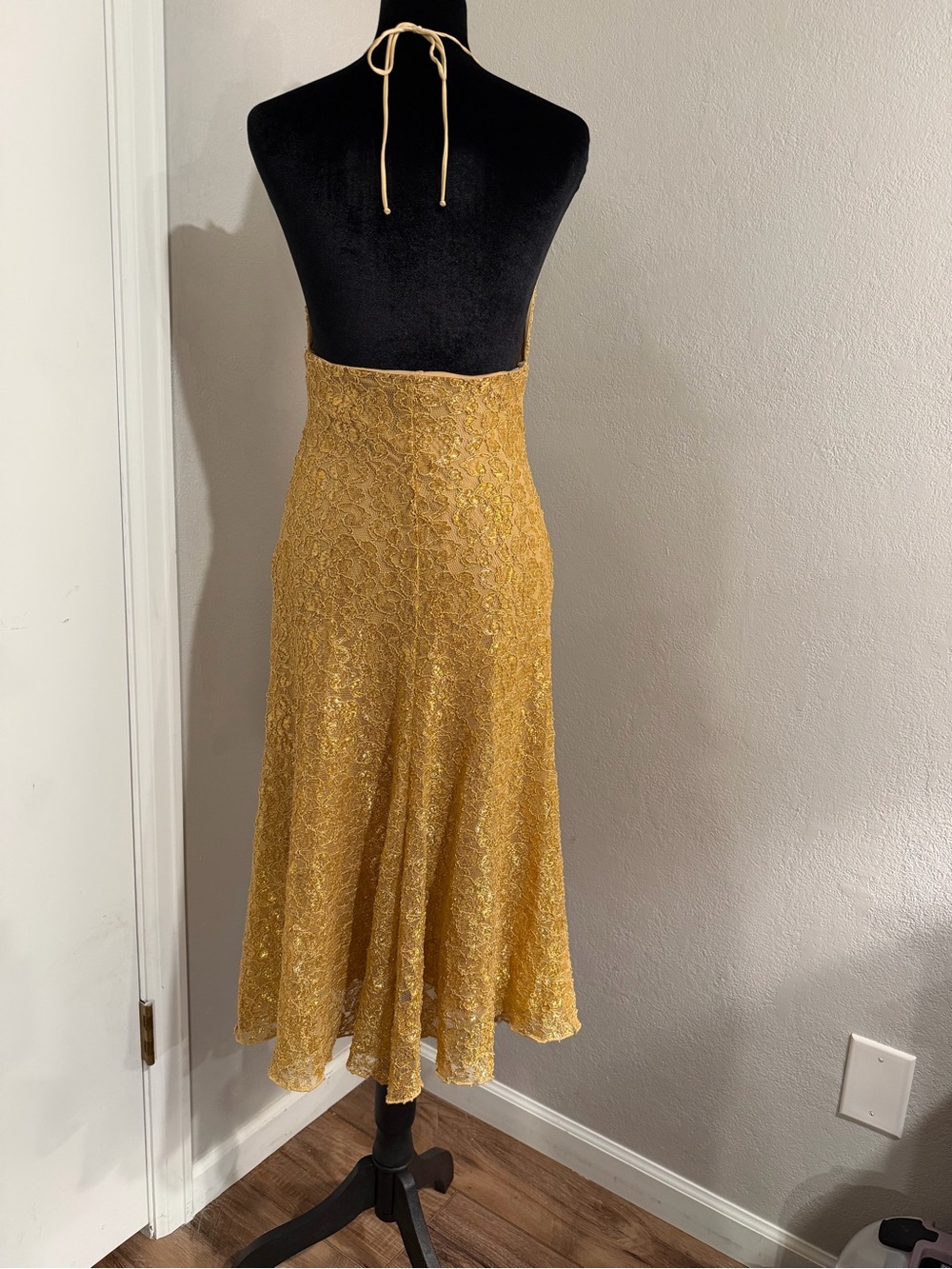 Vintage Betsey Johnson Gold Lace Ruffle V-Neck Halter Dress Sz S Y2K Whimsygoth - Picture 3 of 7